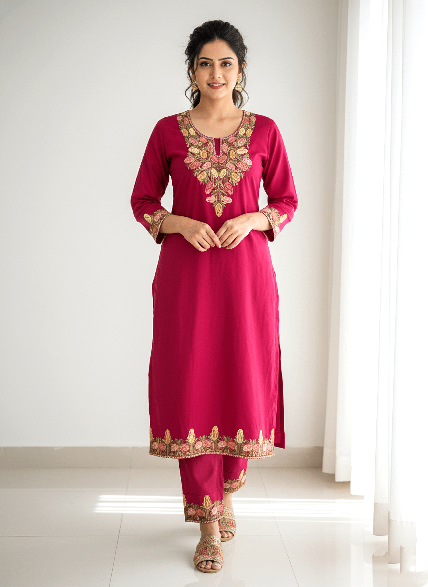 Hot Pink Floral Aari Embroidered Kashmiri Coord Set