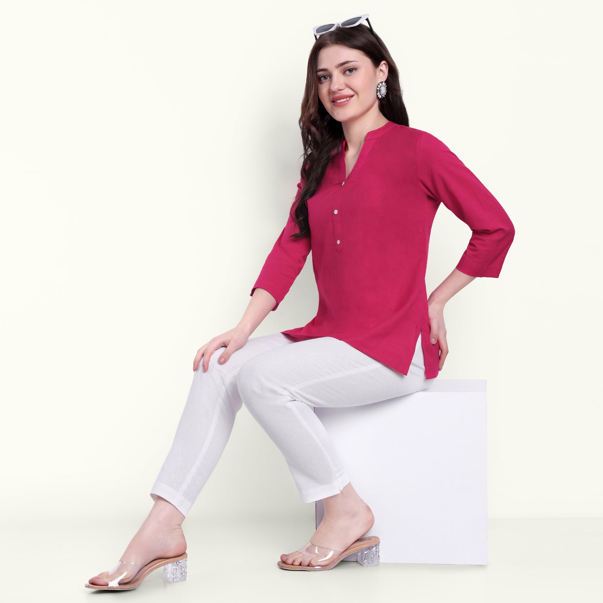 Hot Pink Airy Linen Short Kurti Comfortable