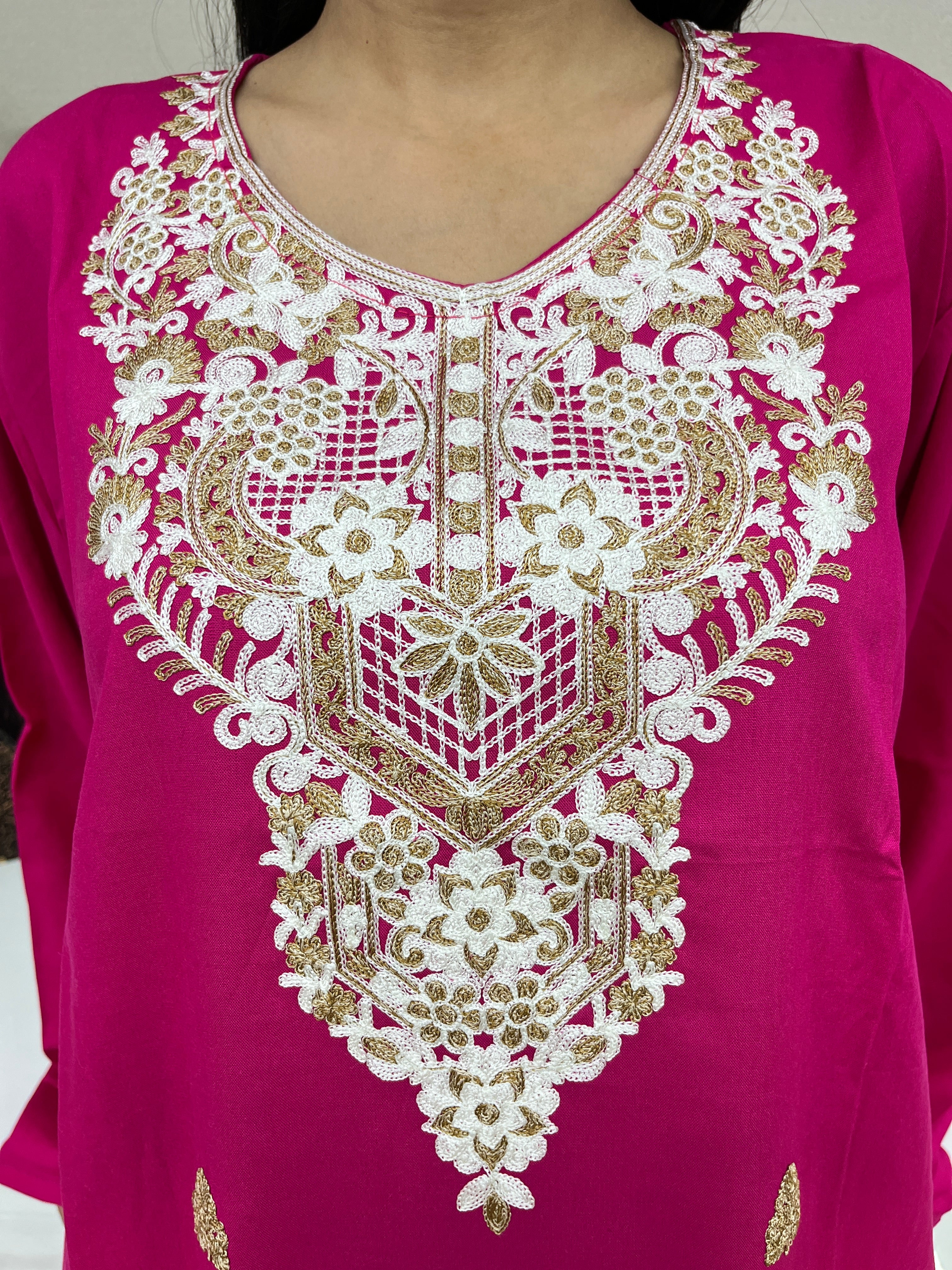 Hot Pink Thread Work Rayon Straight Kurti For Women