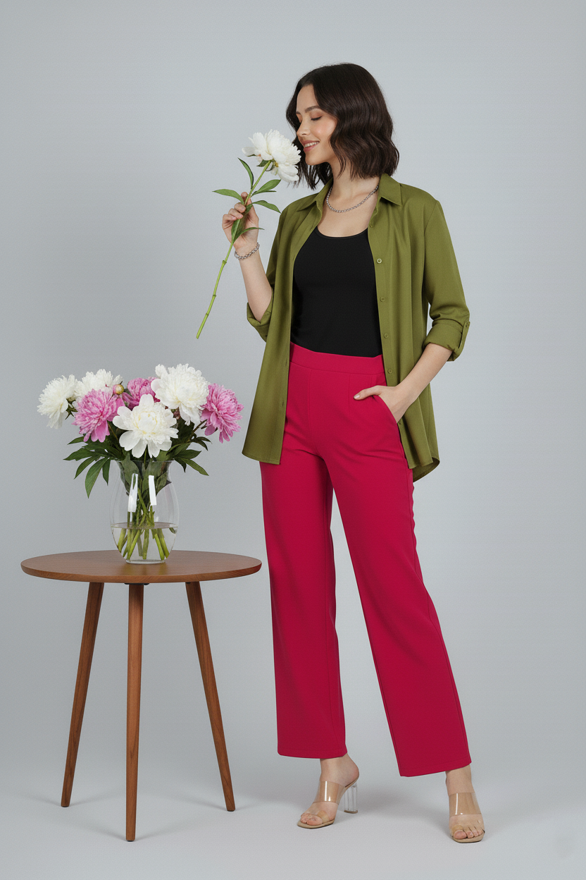 Hot Pink Women Wide Leg Cotton Pant