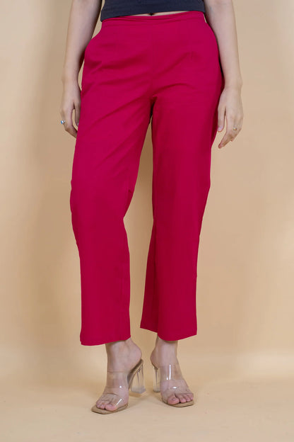 Hot Pink Women Wide Leg Cotton Pant