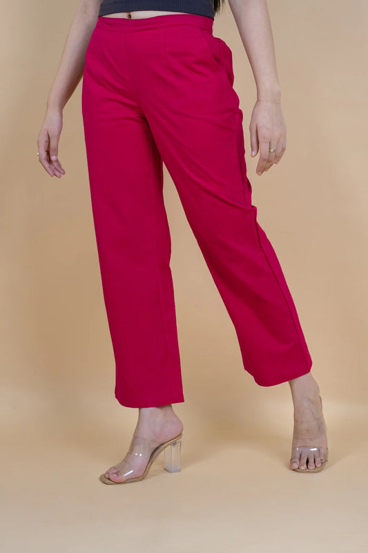 Hot Pink Women Wide Leg Cotton Pant