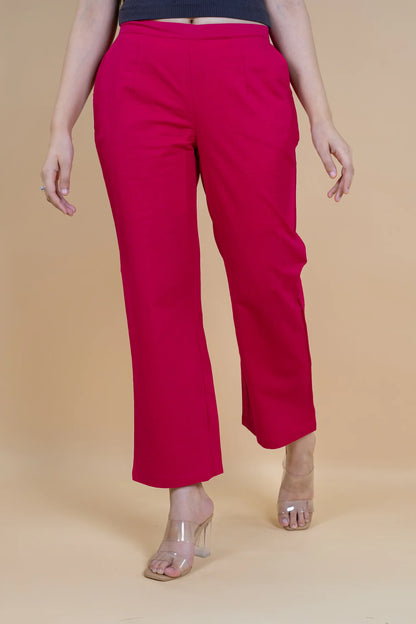 Hot Pink Women Wide Leg Cotton Pant