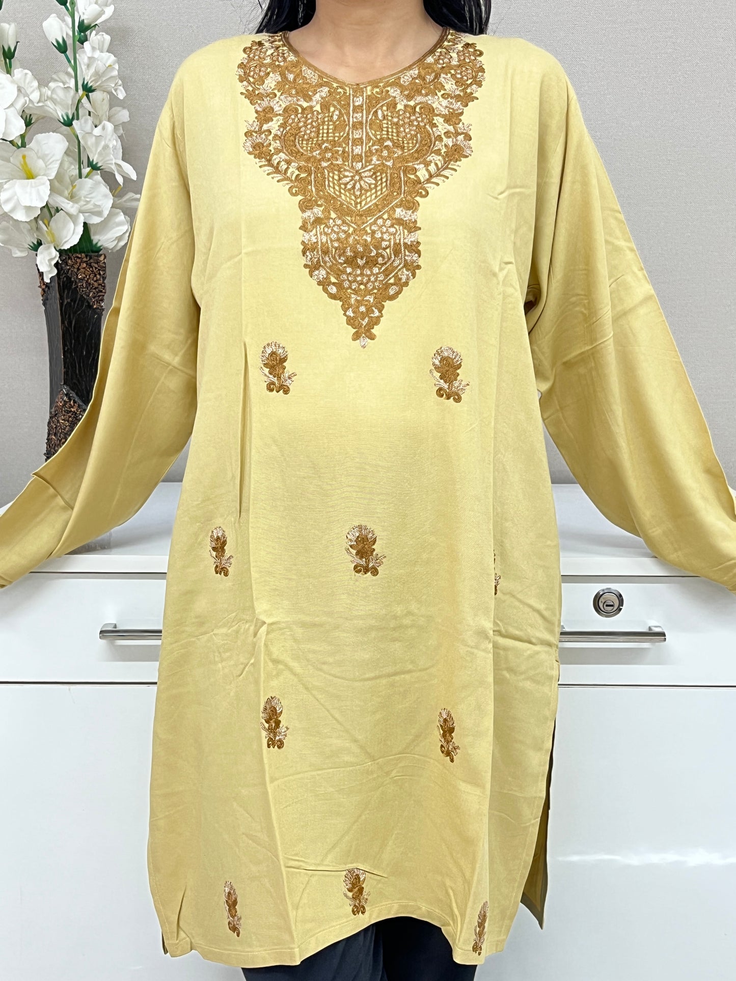 Naariy Light Brown Golden Embroidered Thread Work Rayon Straight Kurti