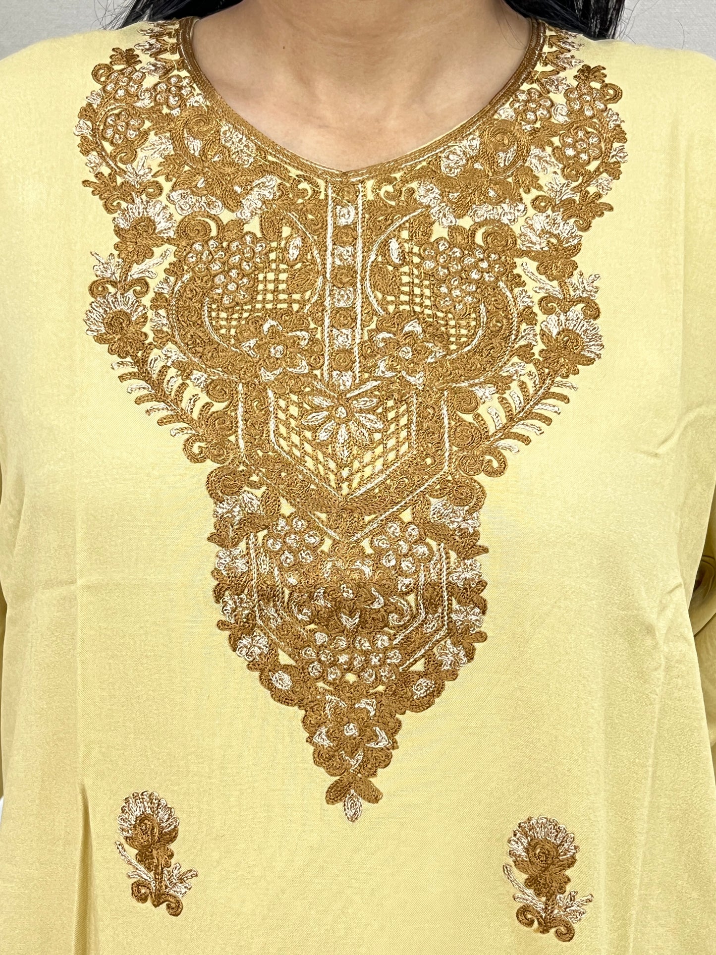 Naariy Light Brown Golden Embroidered Thread Work Rayon Straight Kurti