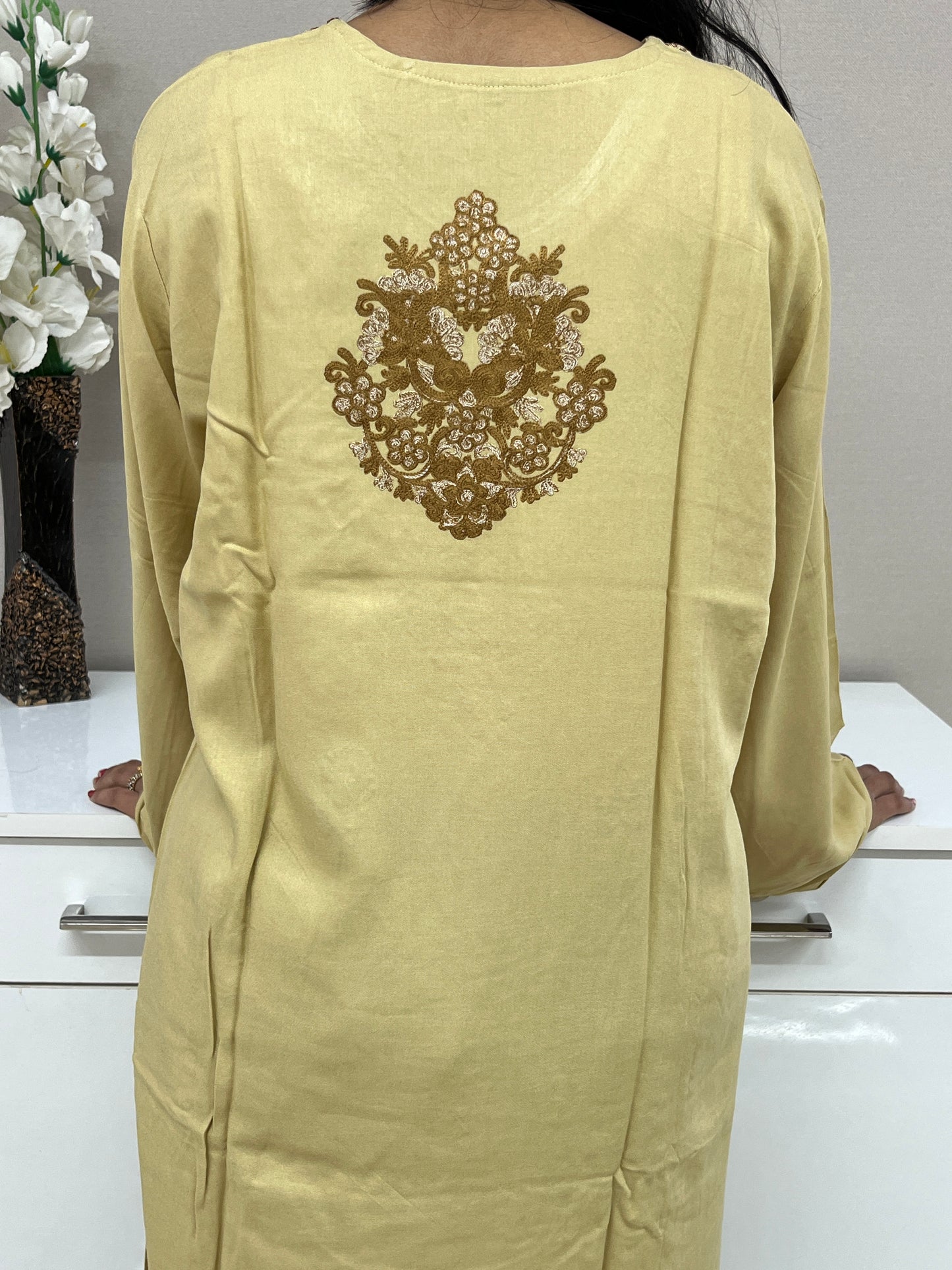 Naariy Light Brown Golden Embroidered Thread Work Rayon Straight Kurti