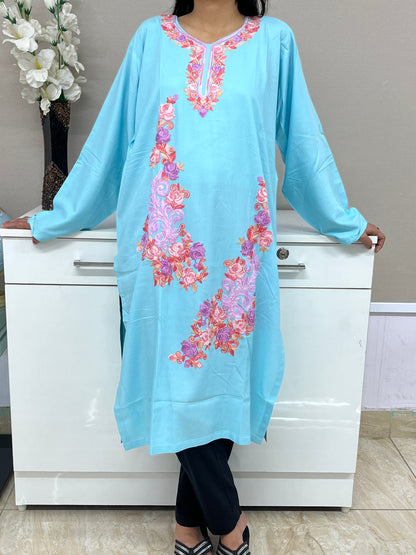 Naariy Sky Blue Embroidered Thread Work Rayon Straight Kurti