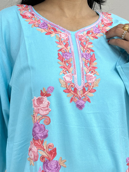 Naariy Sky Blue Embroidered Thread Work Rayon Straight Kurti