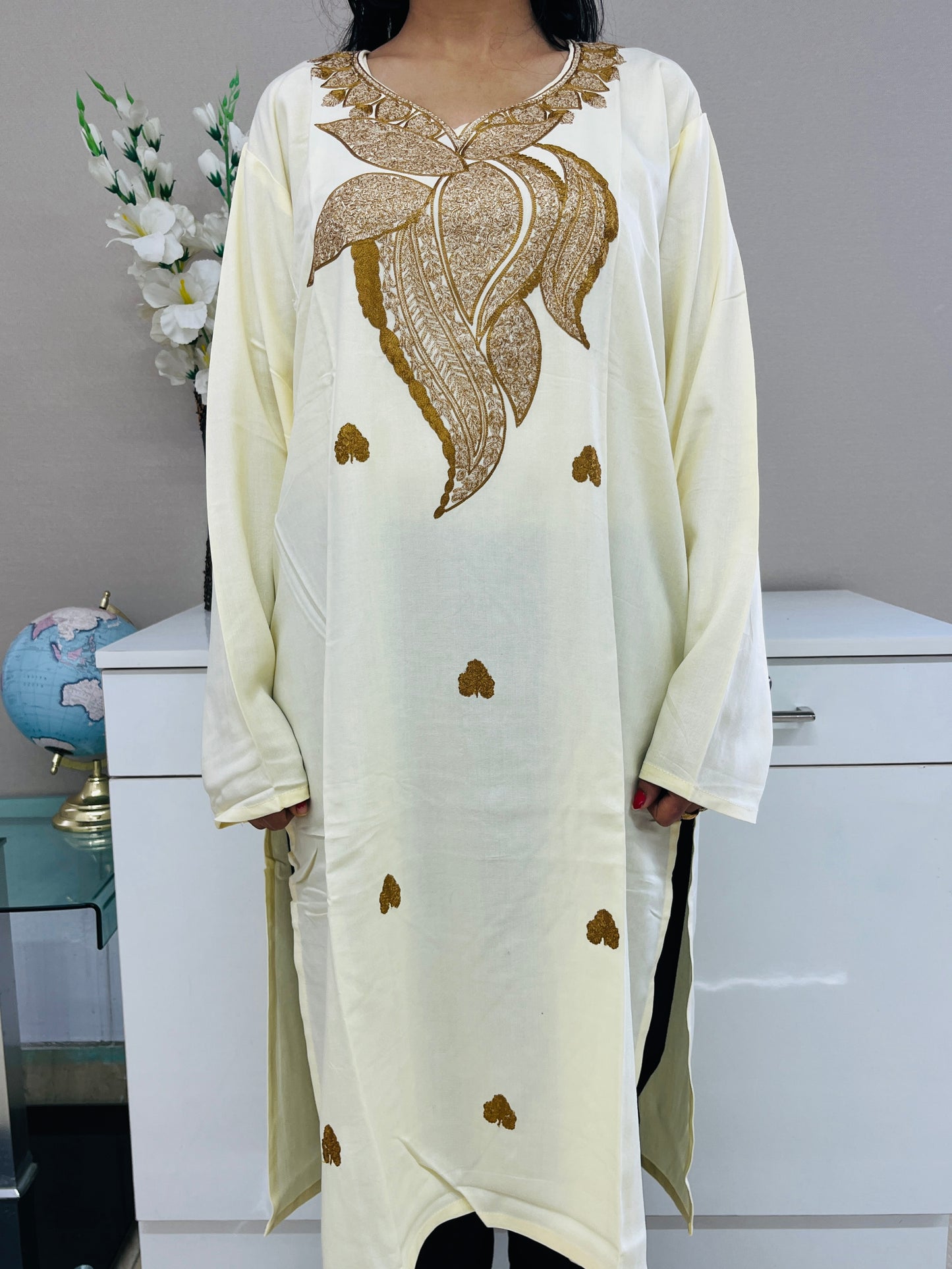 Naariy Light Yellow Golden Embroidered Thread Work Rayon Straight Kurti