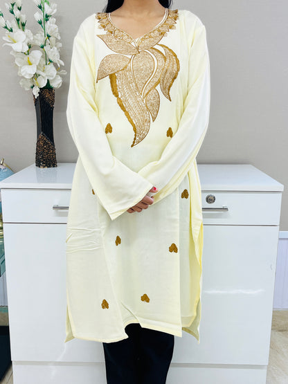 Naariy Light Yellow Golden Embroidered Thread Work Rayon Straight Kurti