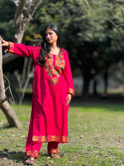 Pink Kashmiri Aari Woollen Co-ord Set