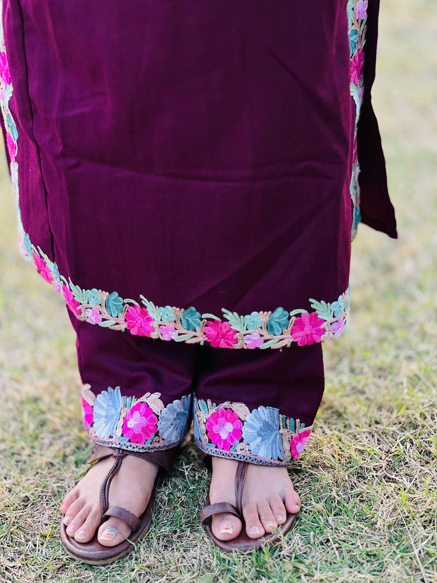 Wine Kashmiri Aari Woollen Co-ord Set