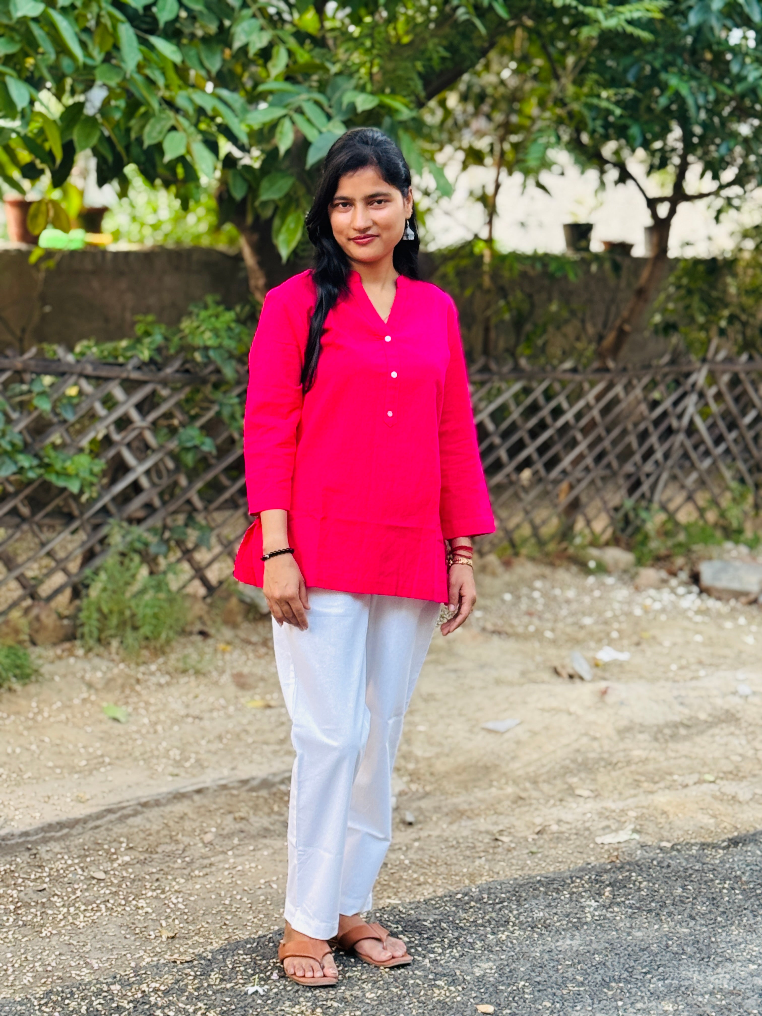 Hot Pink Kurti and White Pant Set