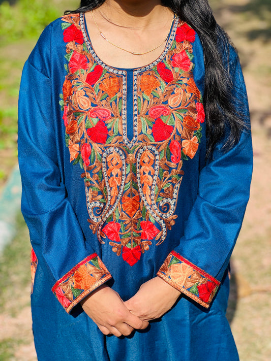 Peacock Blue Kashmiri Aari & Zari Woollen Co-ord Set