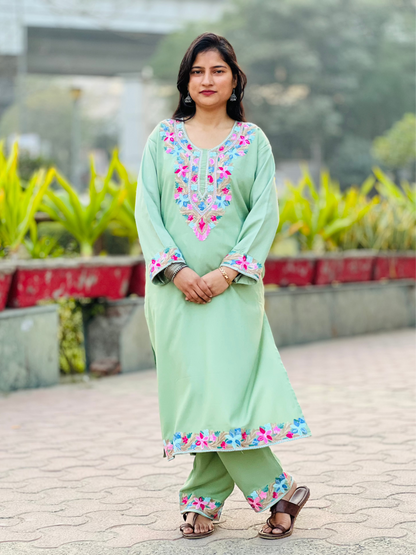 Naariy Multicolor Embroidered Pista Green Rayon Co-ord Set