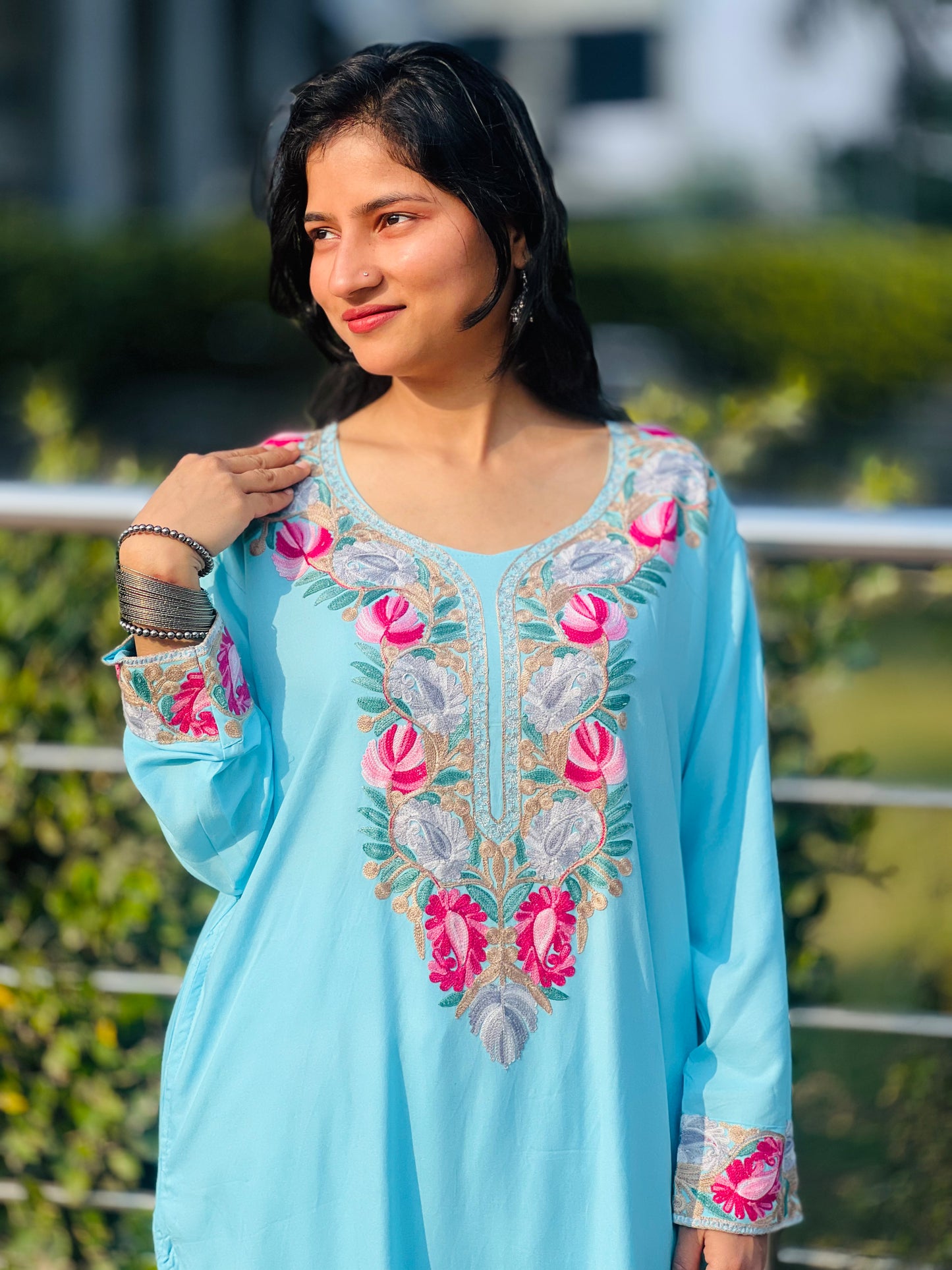 Naariy Multicolor Embroidered Sky Blue Rayon Co-ord Set