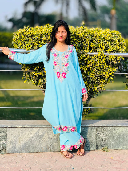 Naariy Multicolor Embroidered Sky Blue Rayon Co-ord Set