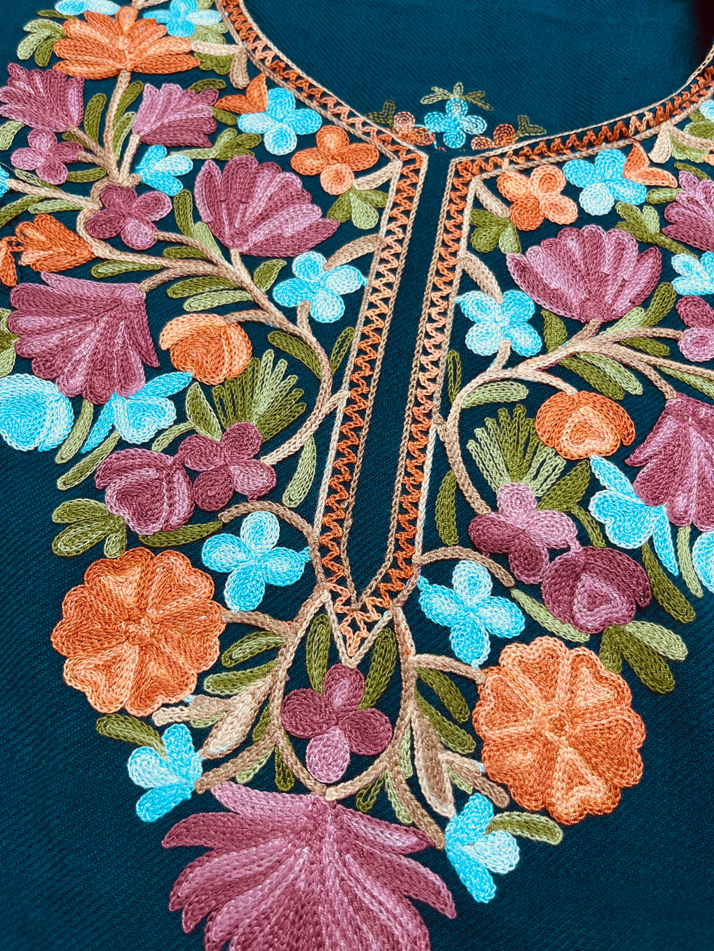 Teal Blue Hand Embroidered Kashmiri Pheran