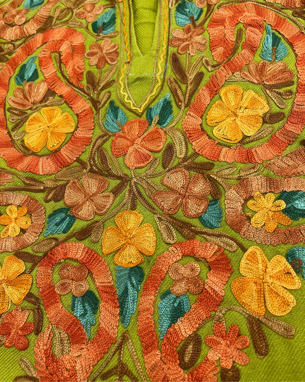 Olive Green & Orange Embroidered Kashmiri Pheran