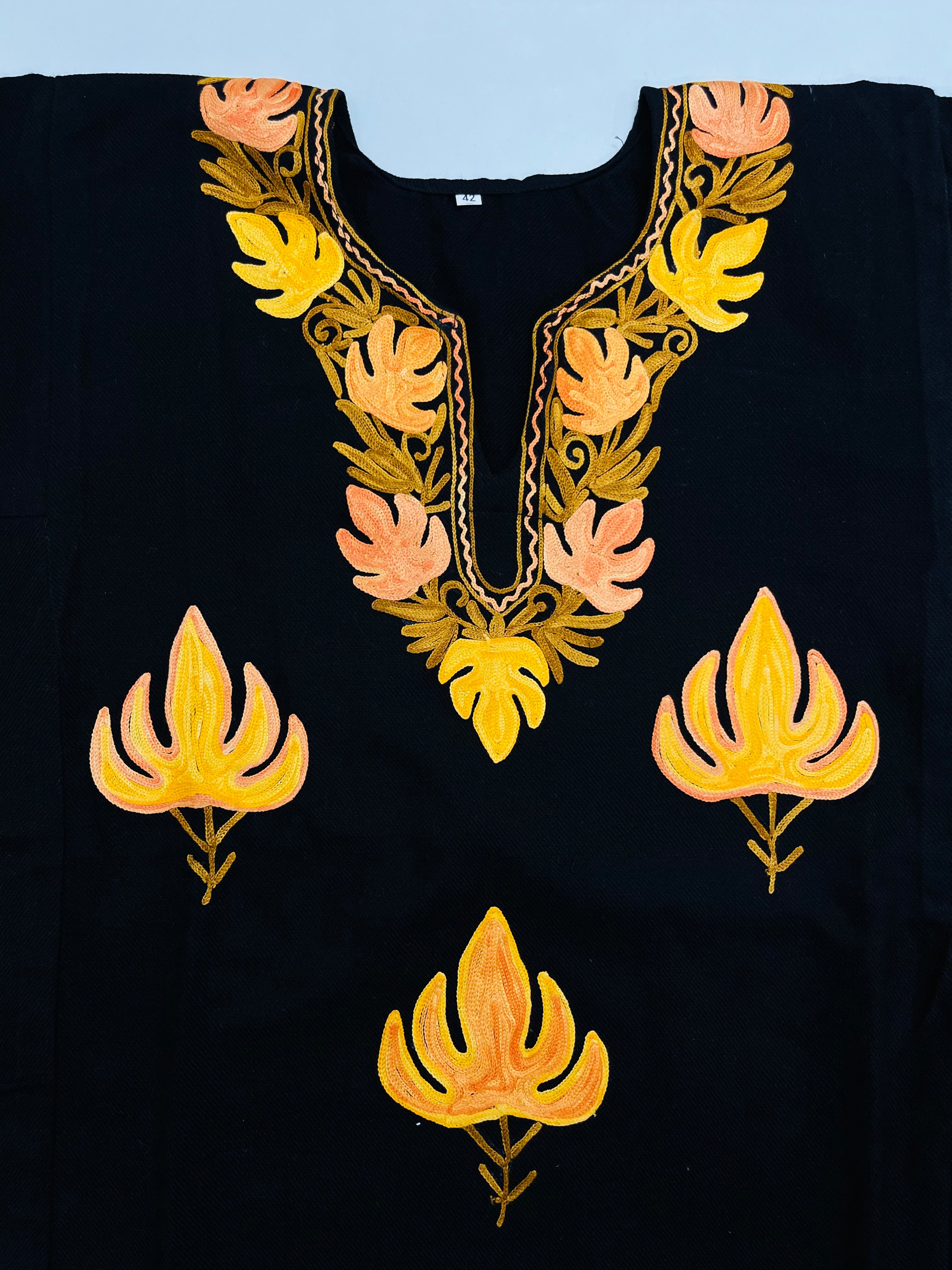 Black & Orange Floral Embroidered Kashmiri Pheran