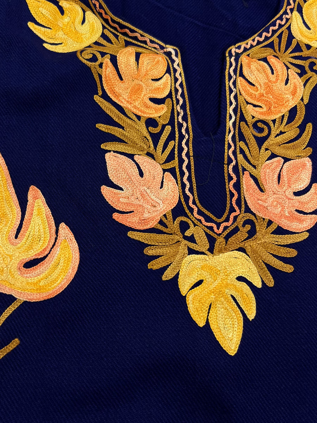 Navy Blue & Orange Floral Embroidered Kashmiri Pheran