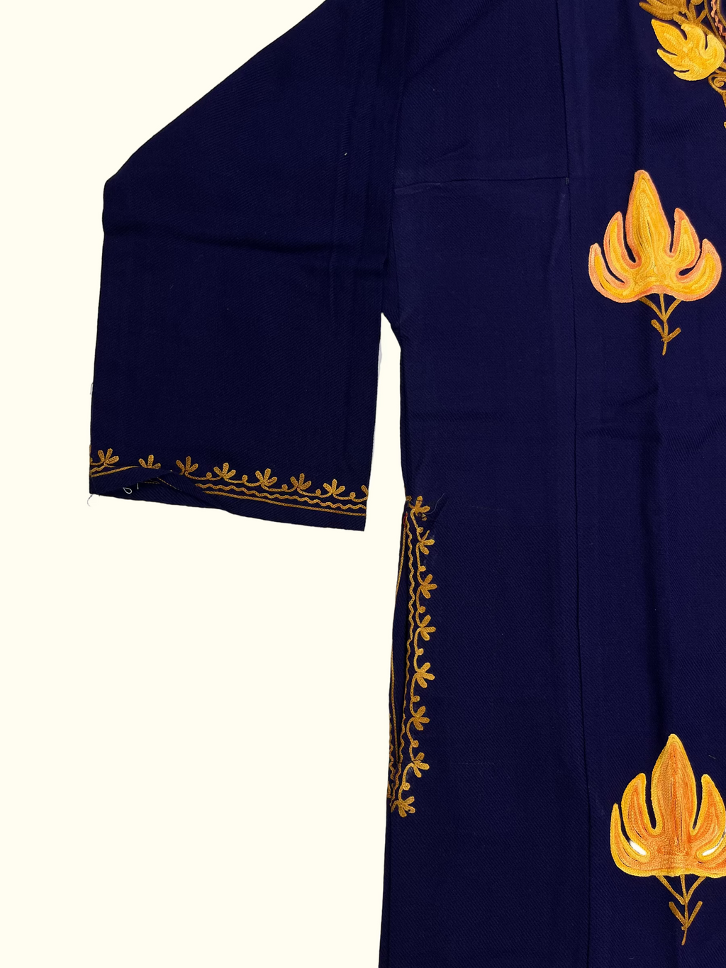 Navy Blue & Orange Floral Embroidered Kashmiri Pheran