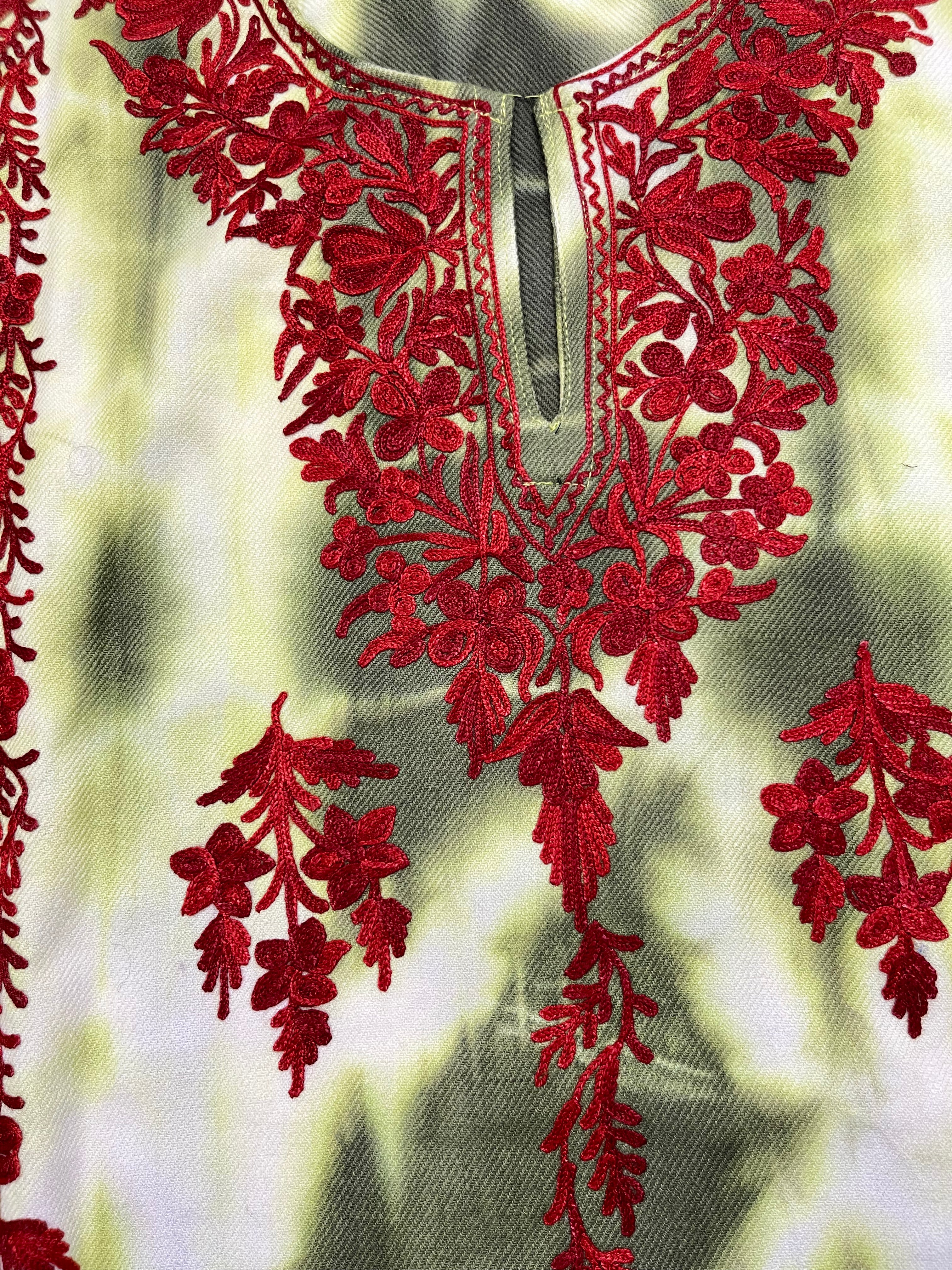 Green & Maroon Embroidered Kashmiri Pheran