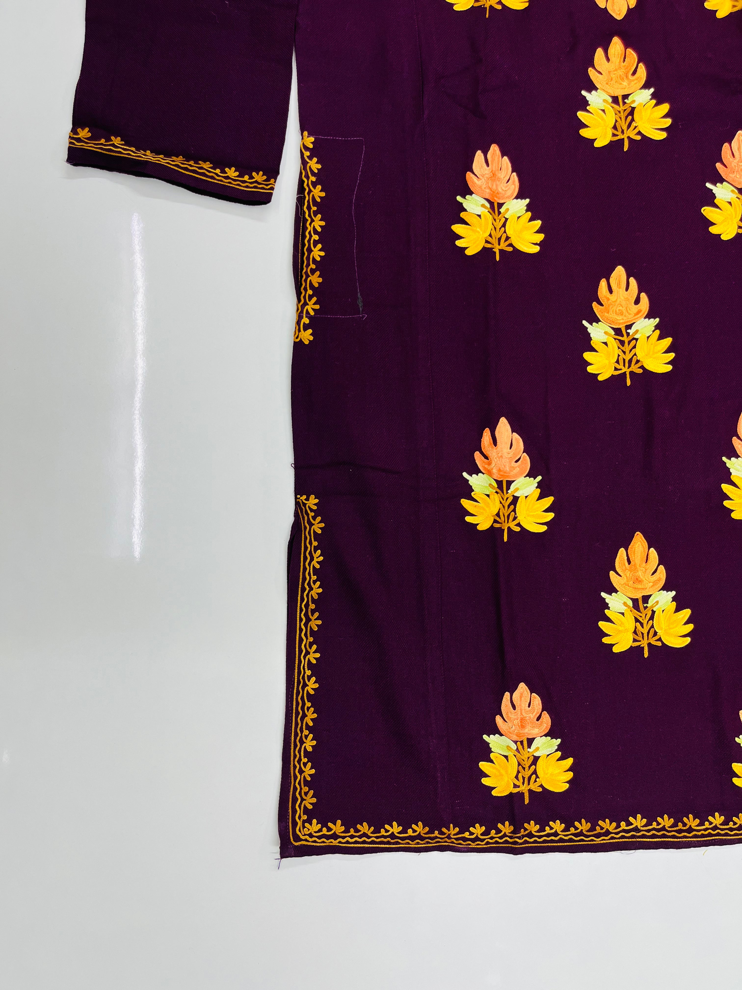 Wine & Orange Floral Embroidered Kashmiri Pheran