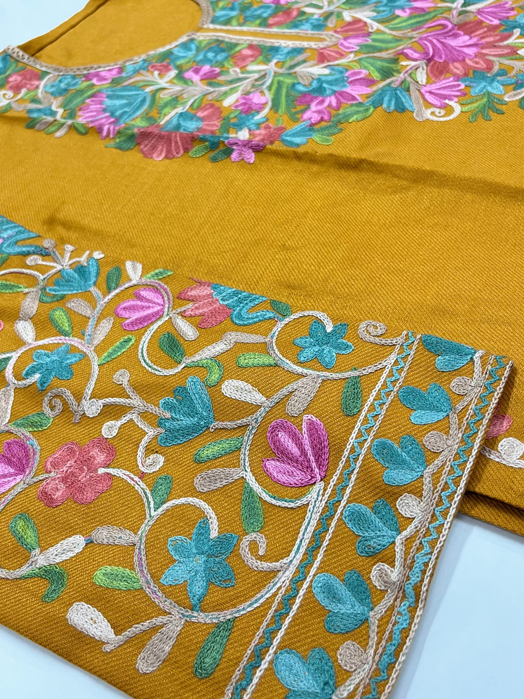 Mustard Yellow & Multicolor Embroidered Kashmiri Pheran