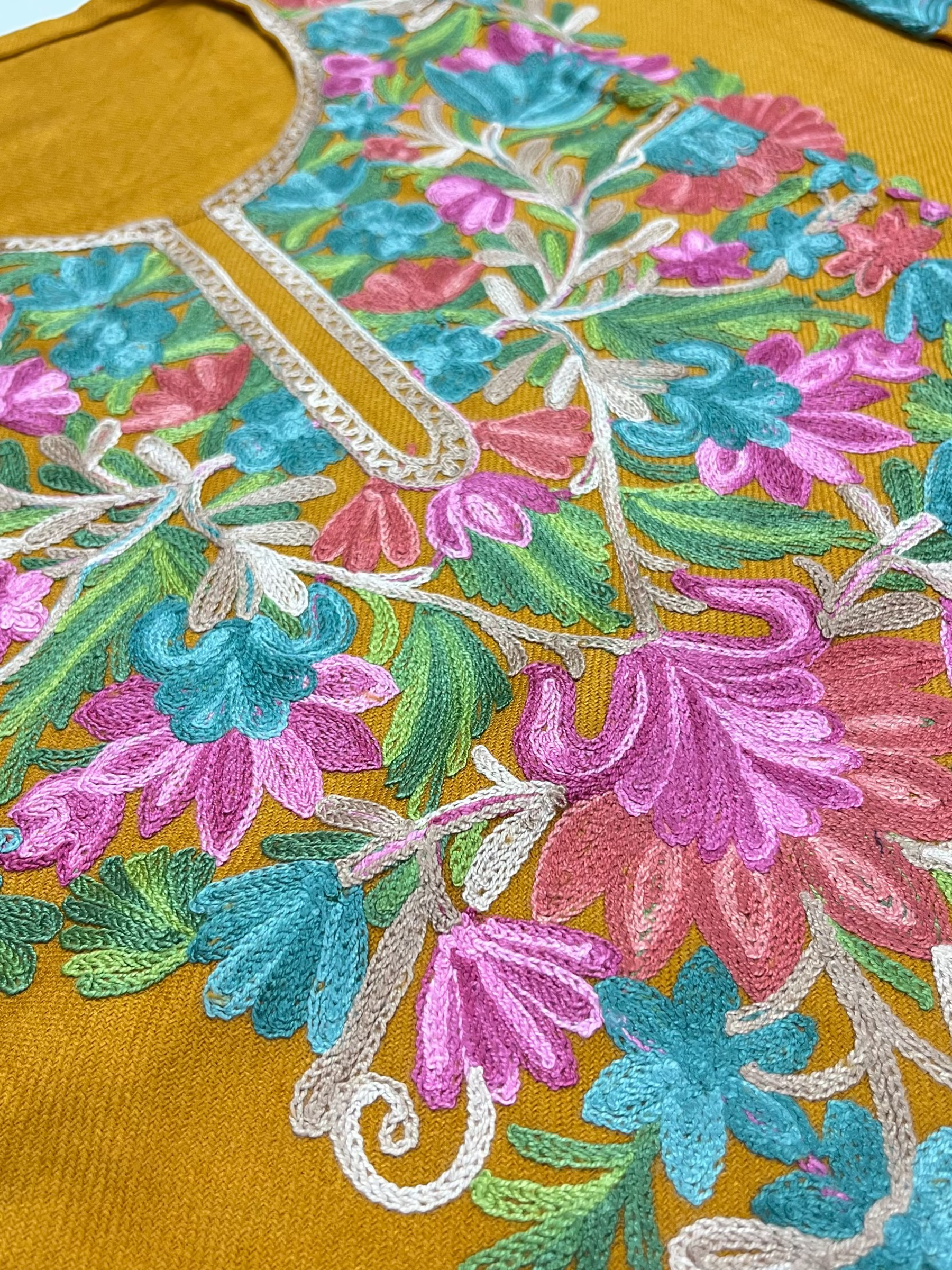 Mustard Yellow & Multicolor Embroidered Kashmiri Pheran