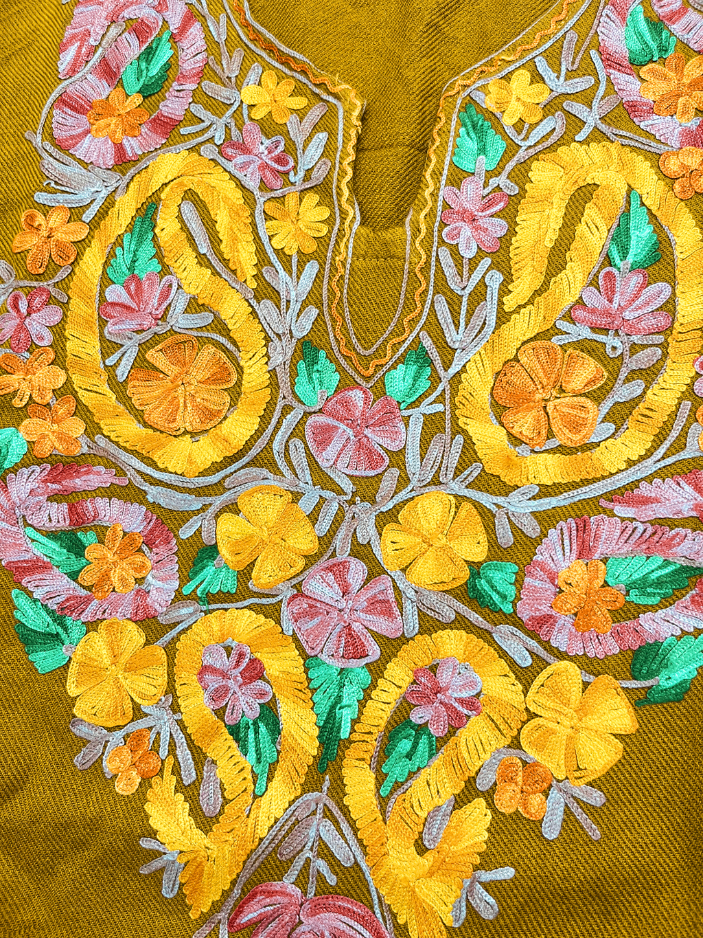 Mustard Yellow Floral Embroidered Kashmiri Pheran