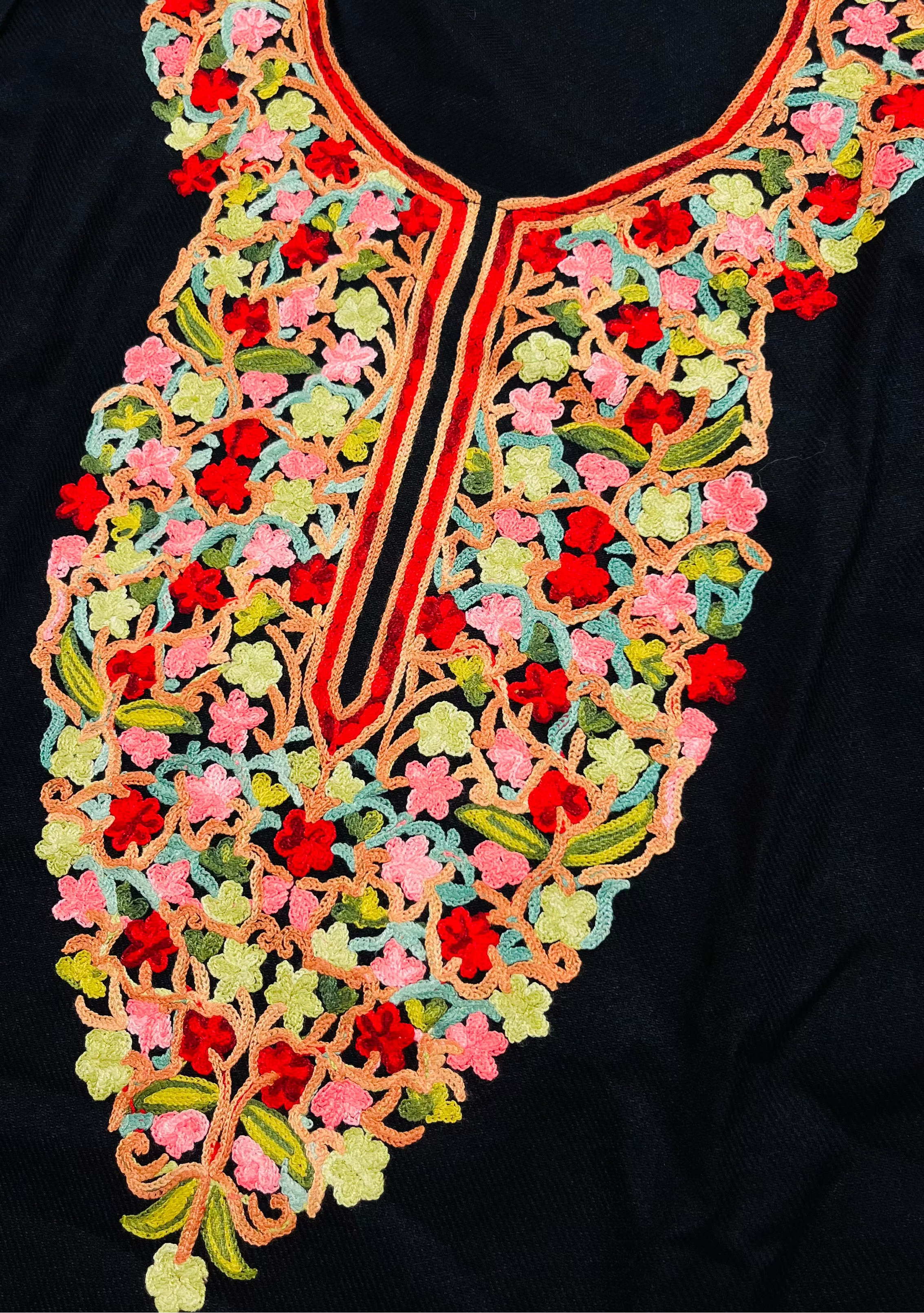 Black Multicolor Floral Embroidered Kashmiri Pheran