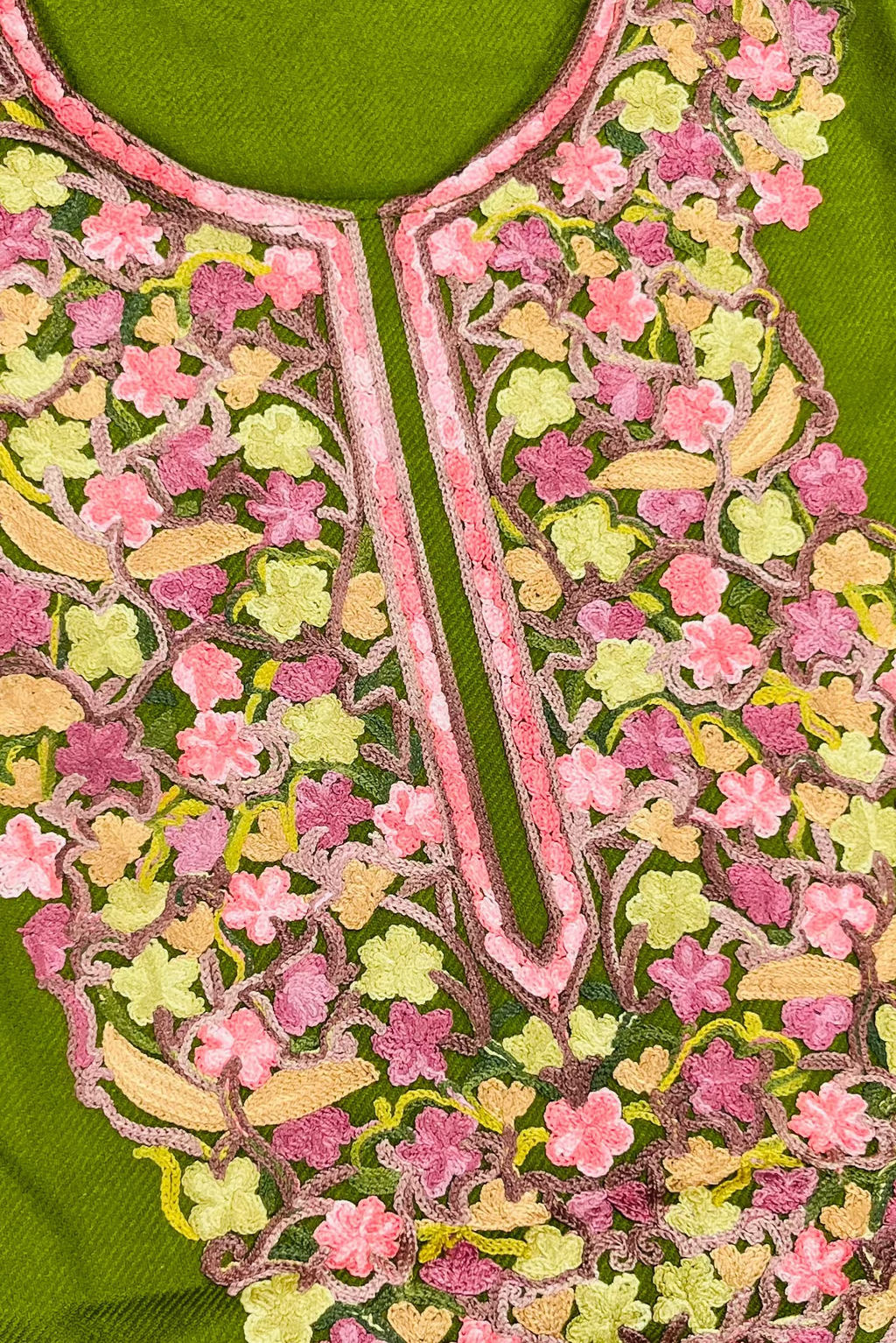 Olive Green Floral Embroidered Kashmiri Pheran