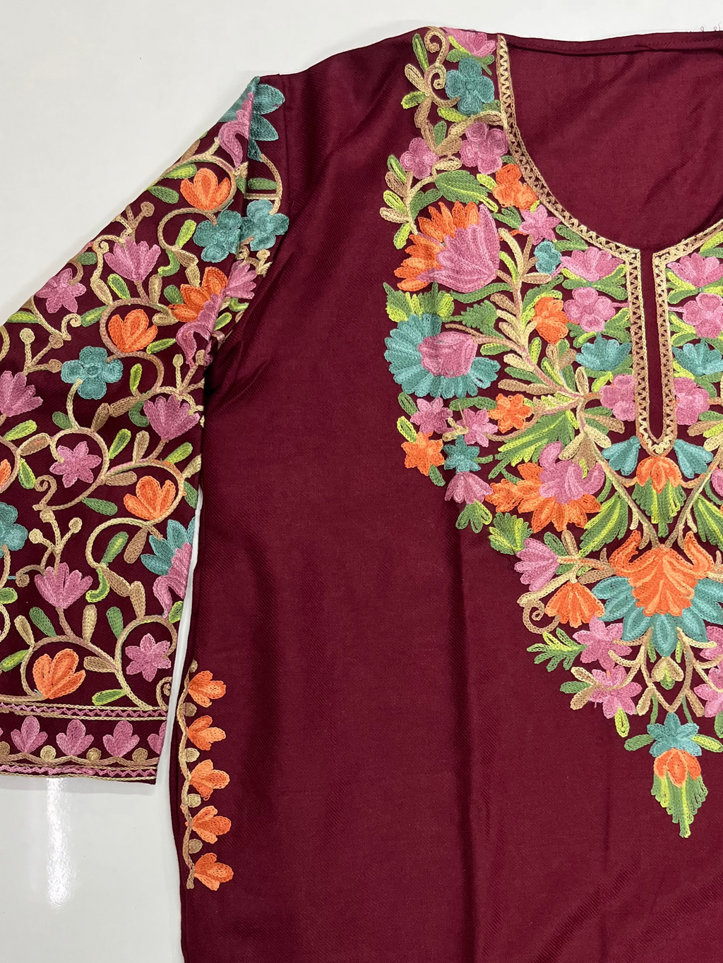 Maroon Floral Embroidered Kashmiri Pheran