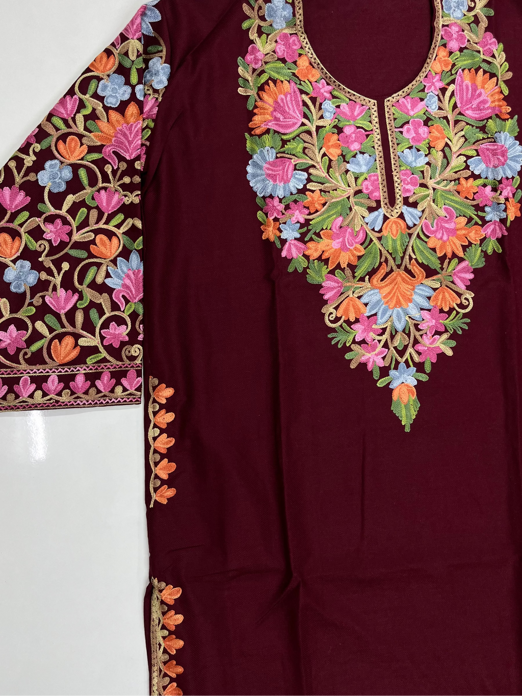 Maroon Floral Embroidered Kashmiri Pheran
