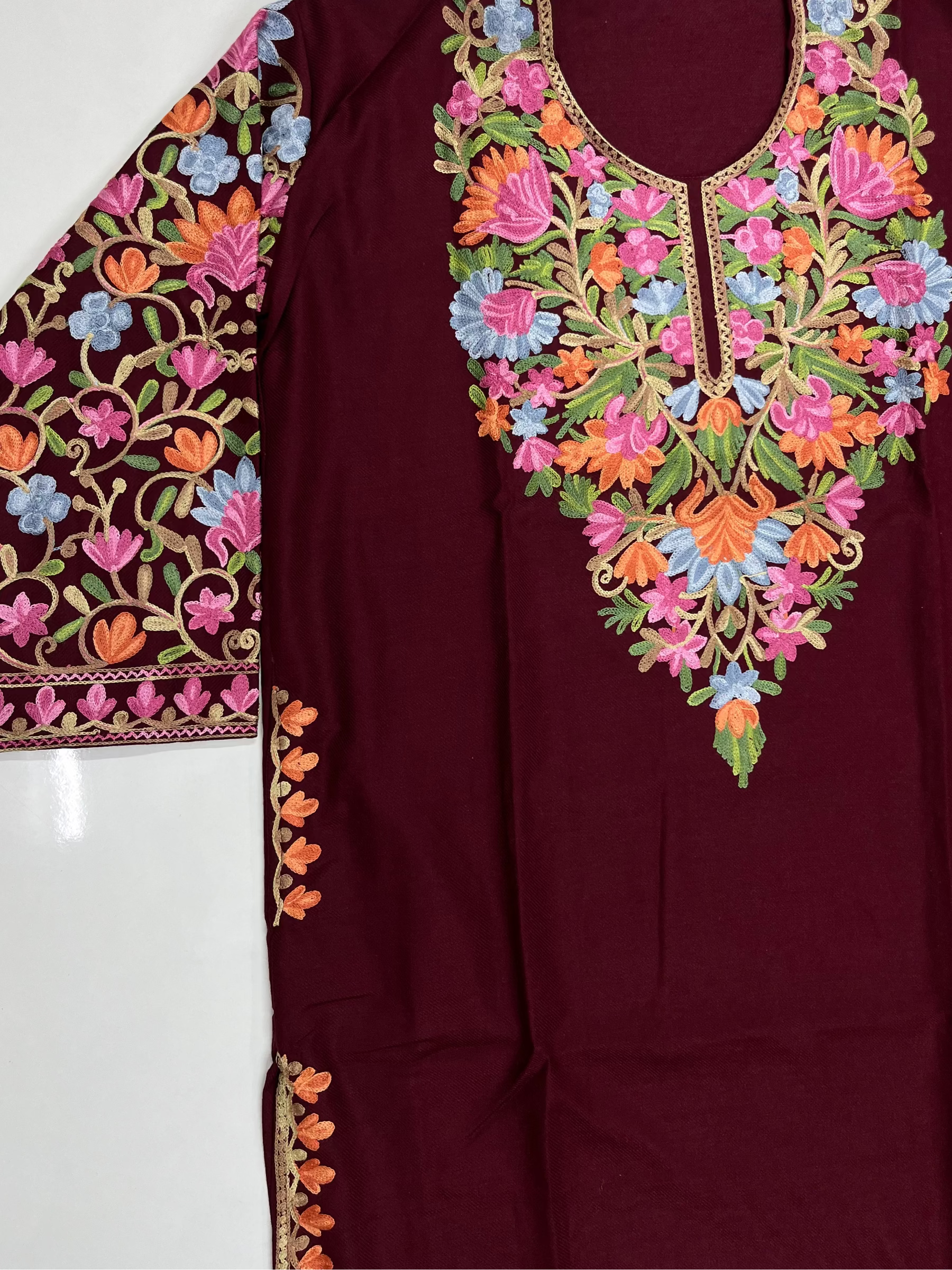 Maroon Floral Embroidered Kashmiri Pheran