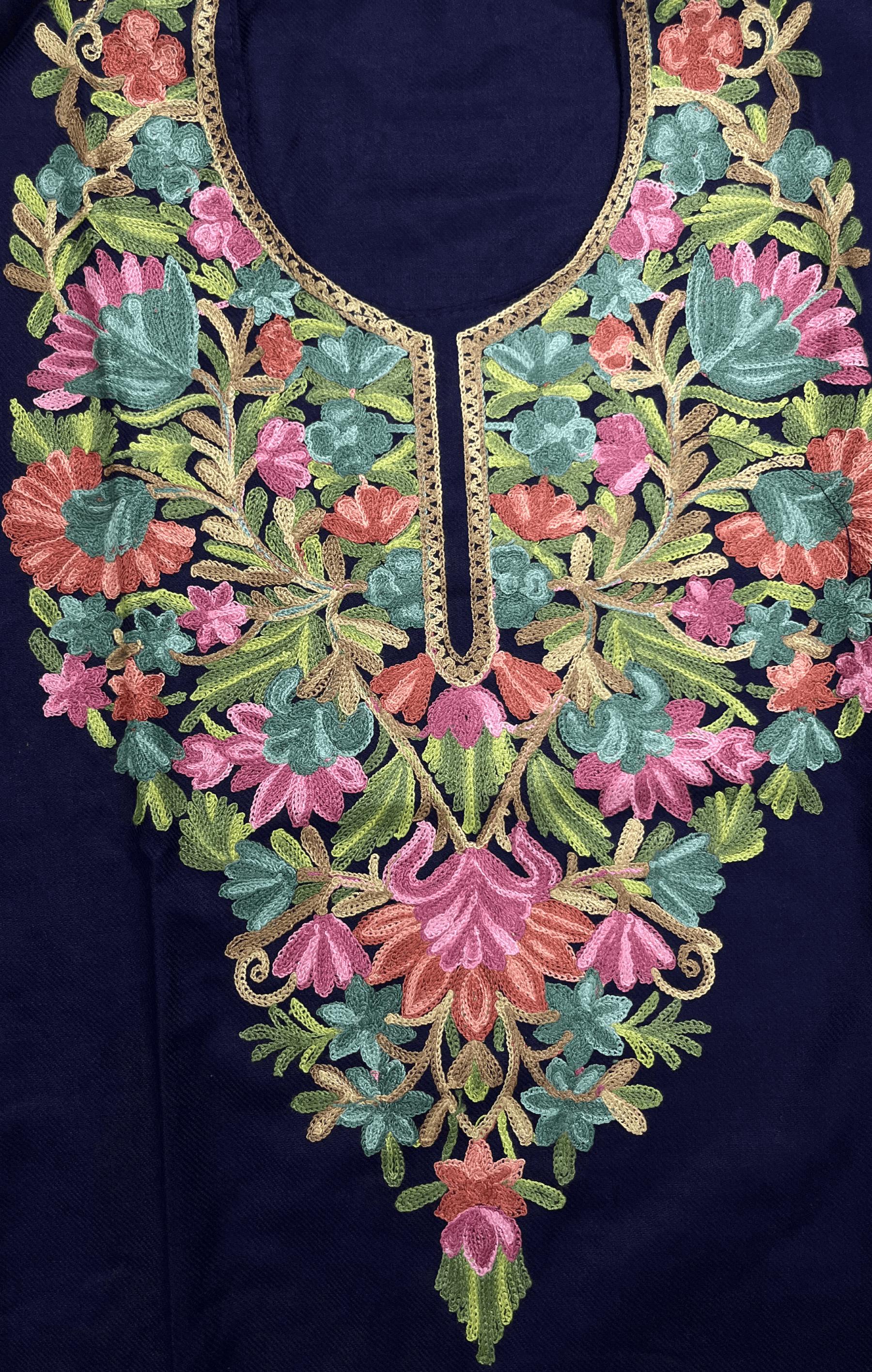 Navy Blue & Pink Floral Embroidered Kashmiri Pheran