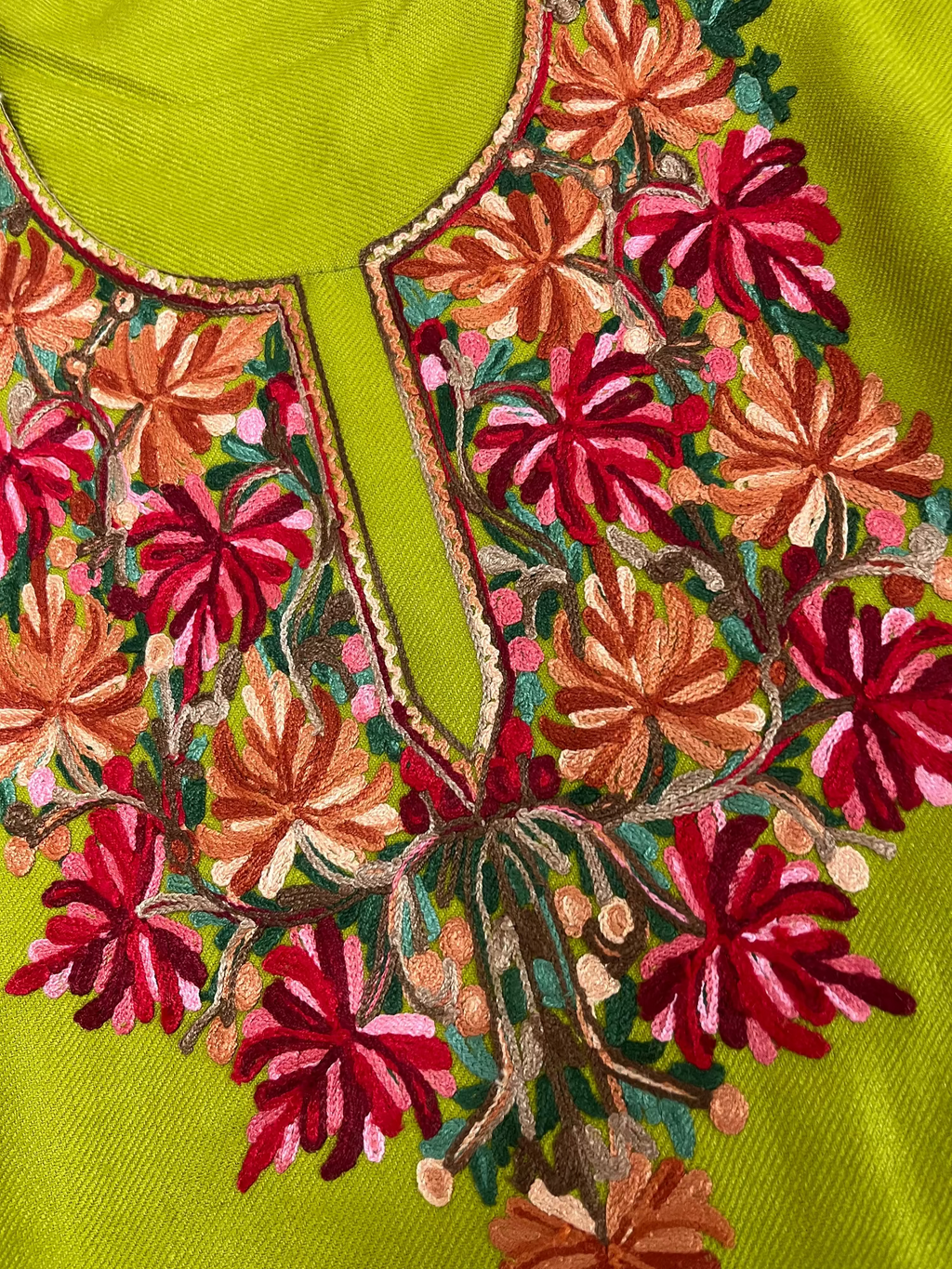 Olive Green and Red Floral Aari Embroidered Kashmiri Pheran