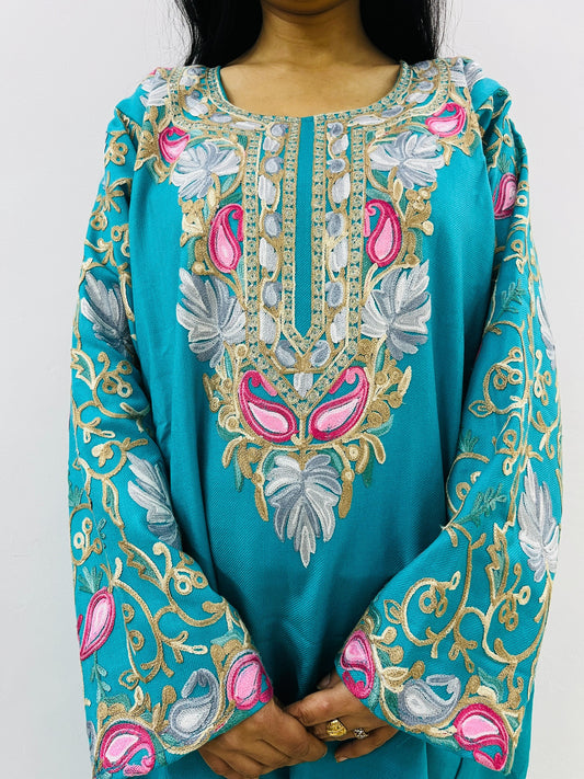 Turquoise Arm Design Aari Embroidered Phiran