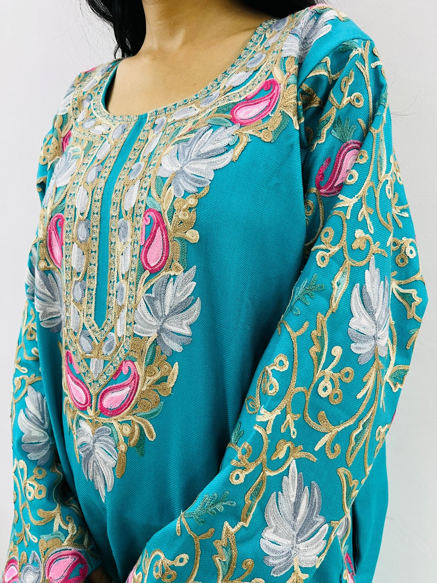 Turquoise Arm Design Aari Embroidered Phiran