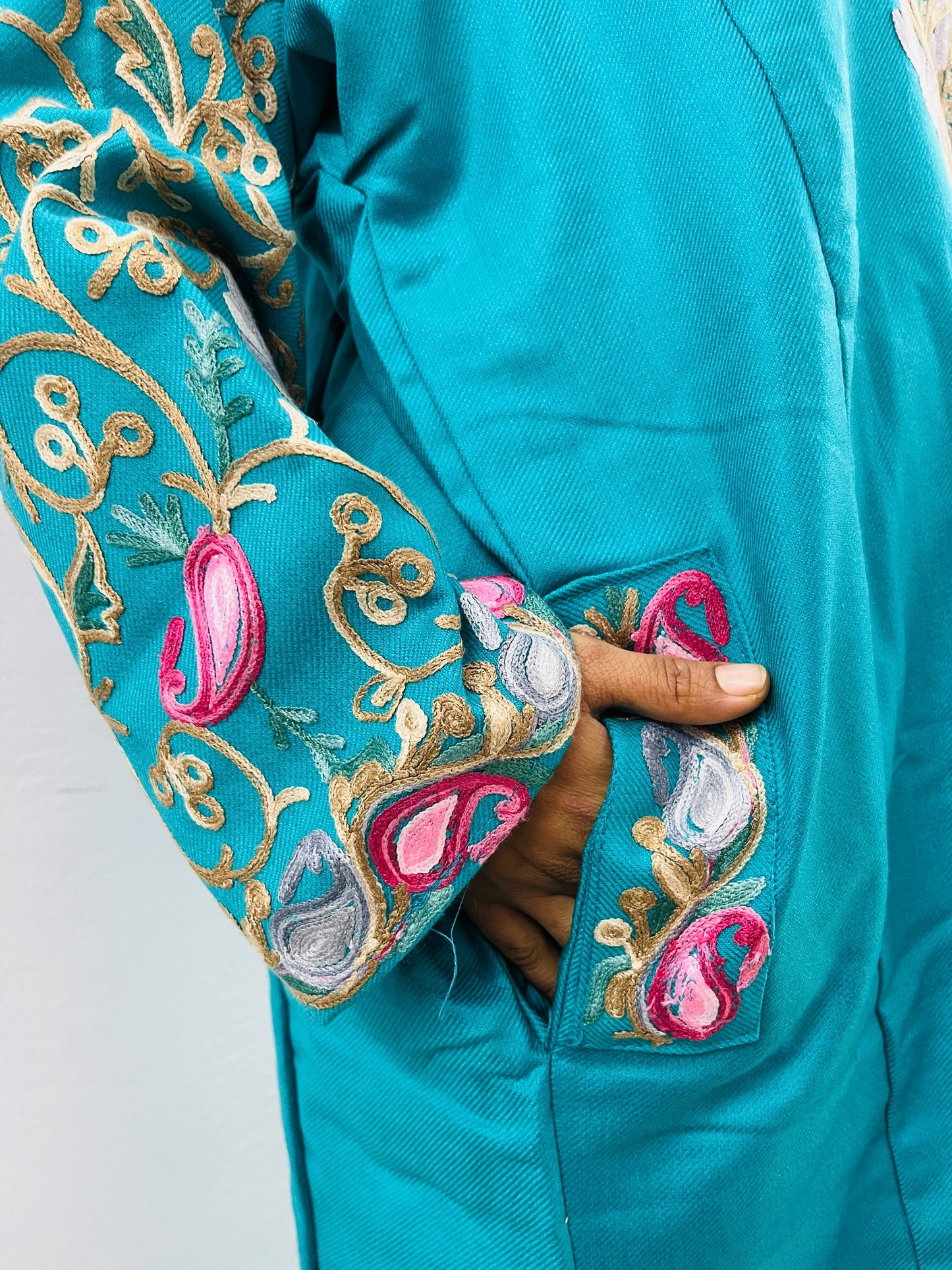 Turquoise Arm Design Aari Embroidered Phiran