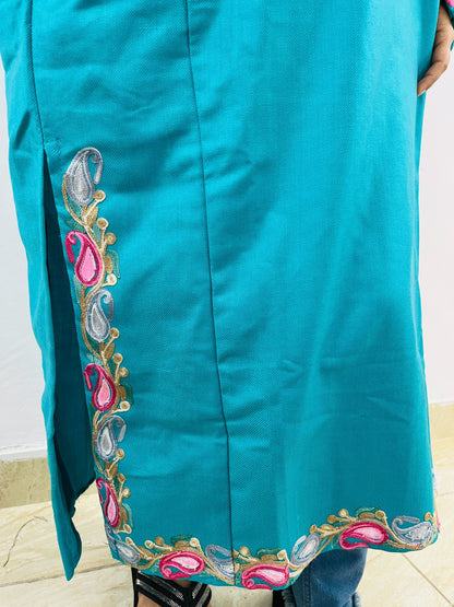 Turquoise Arm Design Aari Embroidered Phiran