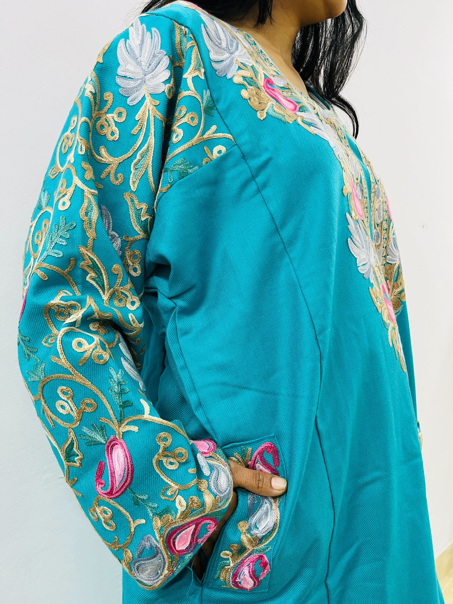 Turquoise Arm Design Aari Embroidered Phiran