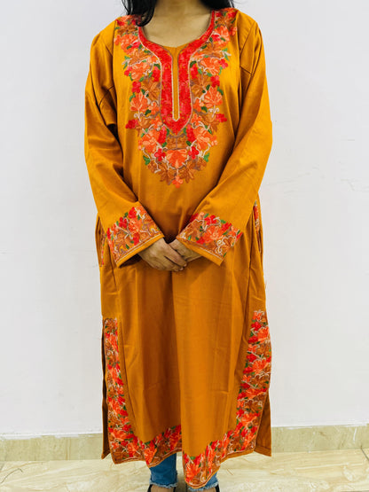 Rust Neck Design Aari Embroidered Phiran