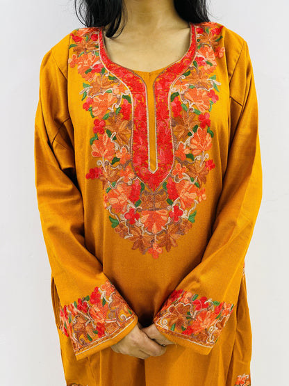 Rust Neck Design Aari Embroidered Phiran