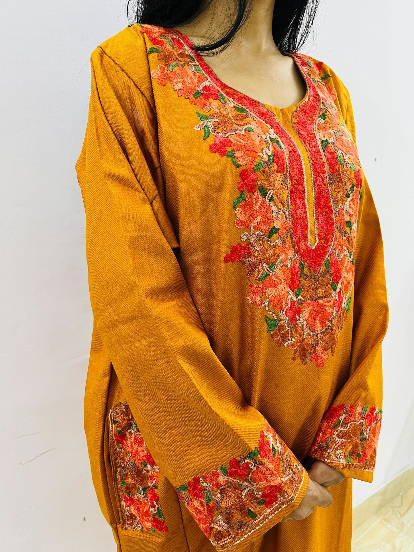 Rust Neck Design Aari Embroidered Phiran