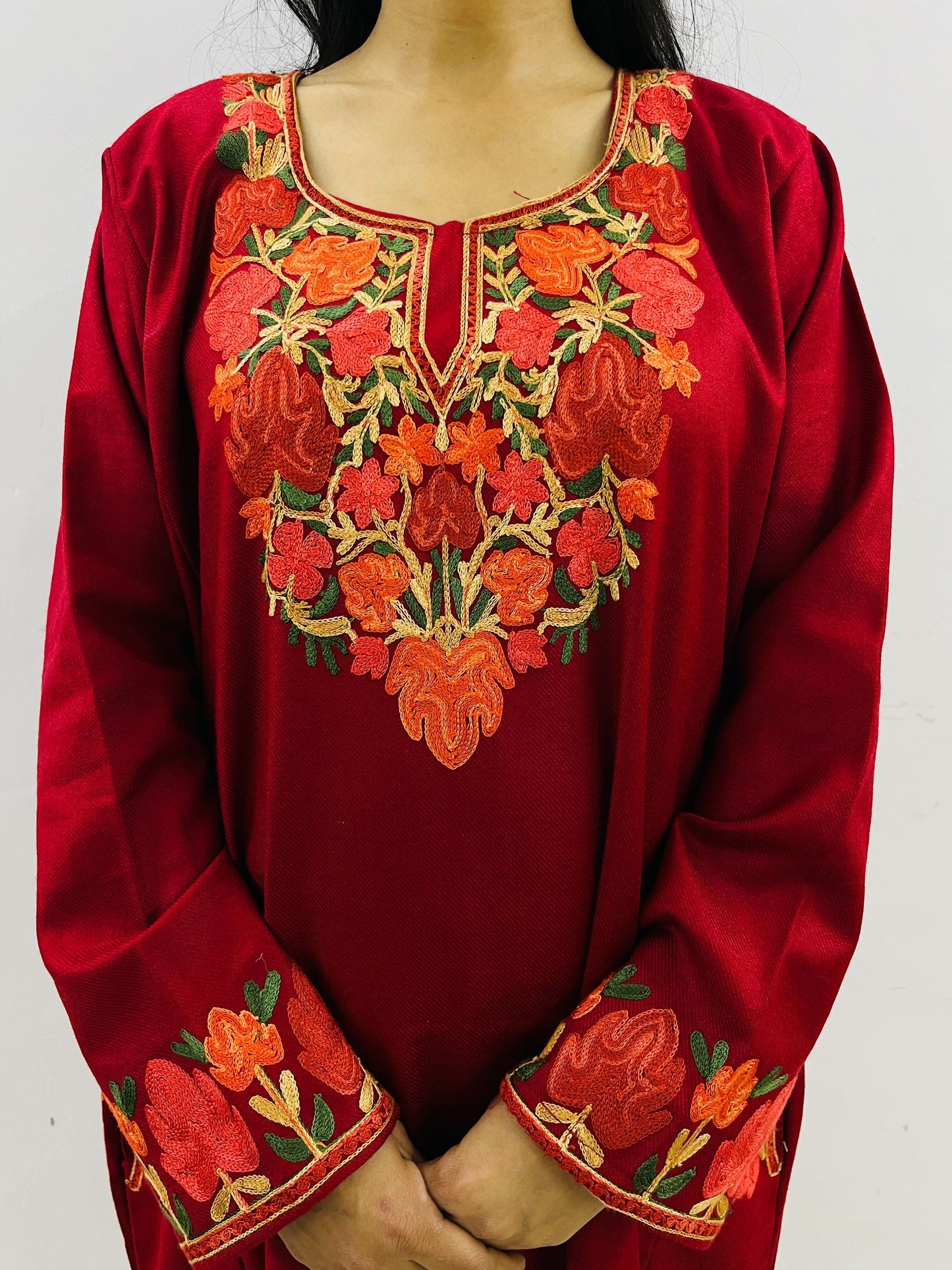 Maroon Neck Design Aari Embroidered Phiran