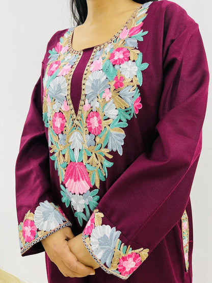 Wine Neck Design Aari Embroidered Phiran