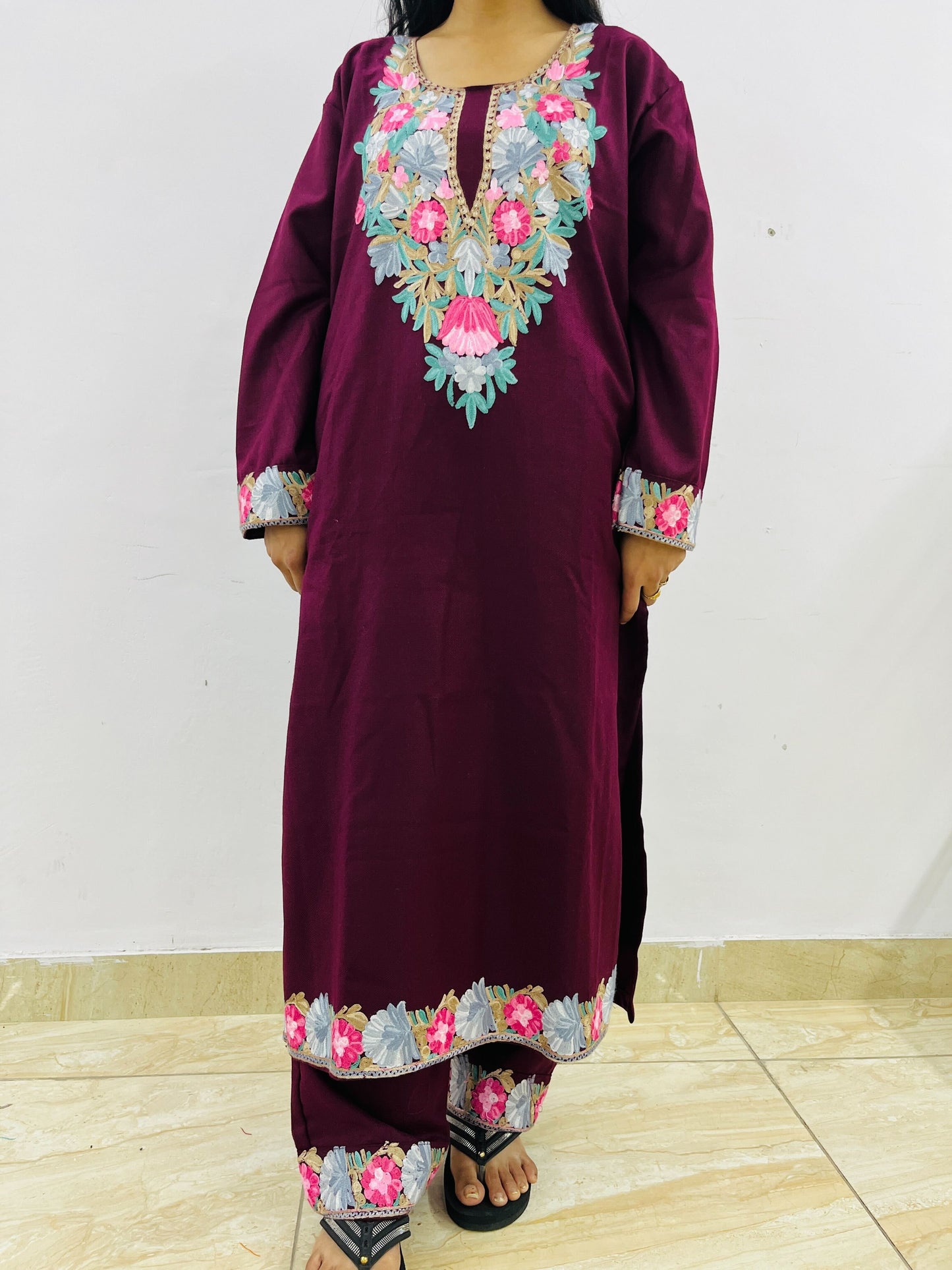 Wine Neck Design Aari Embroidered Phiran