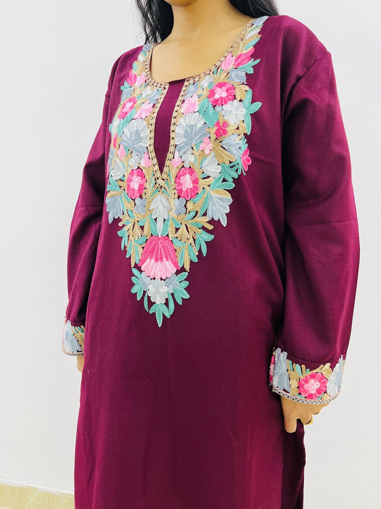 Wine Neck Design Aari Embroidered Phiran